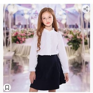 Girls white cotton blouse ruffle long sleeve button down